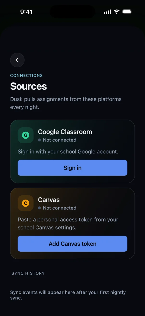 Dusk's sources screen with Google Classroom and Canvas