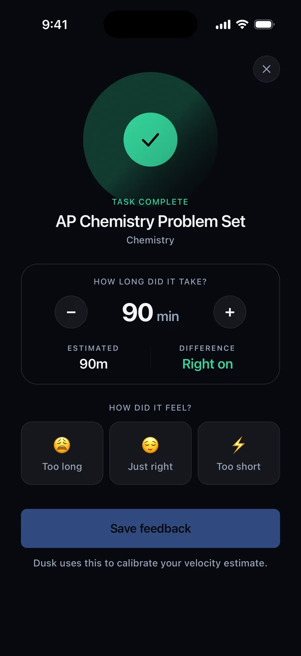 Task complete screen for AP Chemistry Problem Set: took 90 minutes, estimated 90, right on, with too long, just right and too short feedback
