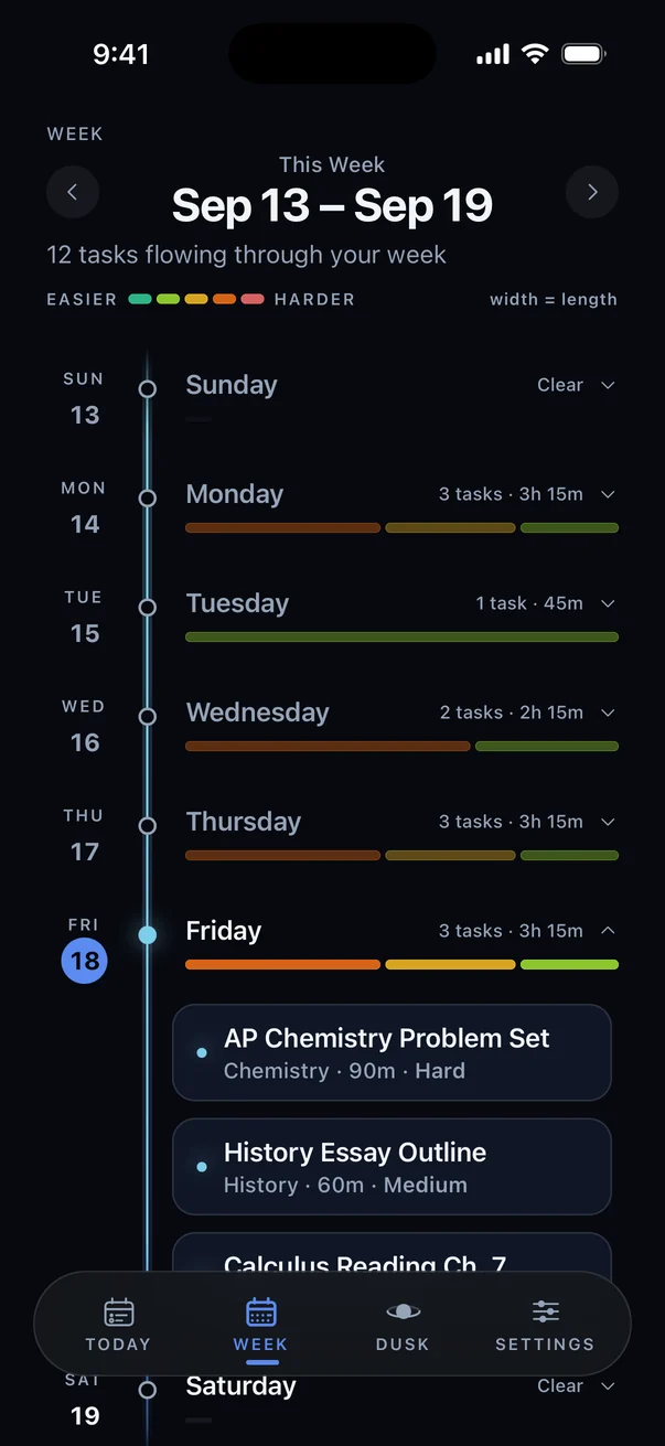 Dusk's week view: twelve tasks across Sep 13 to 19, each day's bar colored easier to harder, Friday expanded to AP Chemistry, History essay and Calculus reading